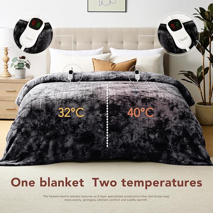 Homemate Electric Heated Blanket Queen Size - 84"x90" Heating Blanket Queen Size Dual Control 1/2/4/6/8 Hours Auto-Off 10 Heat Level Over-Heat Protection Luxury Faux Fur Sherpa ETL Certification