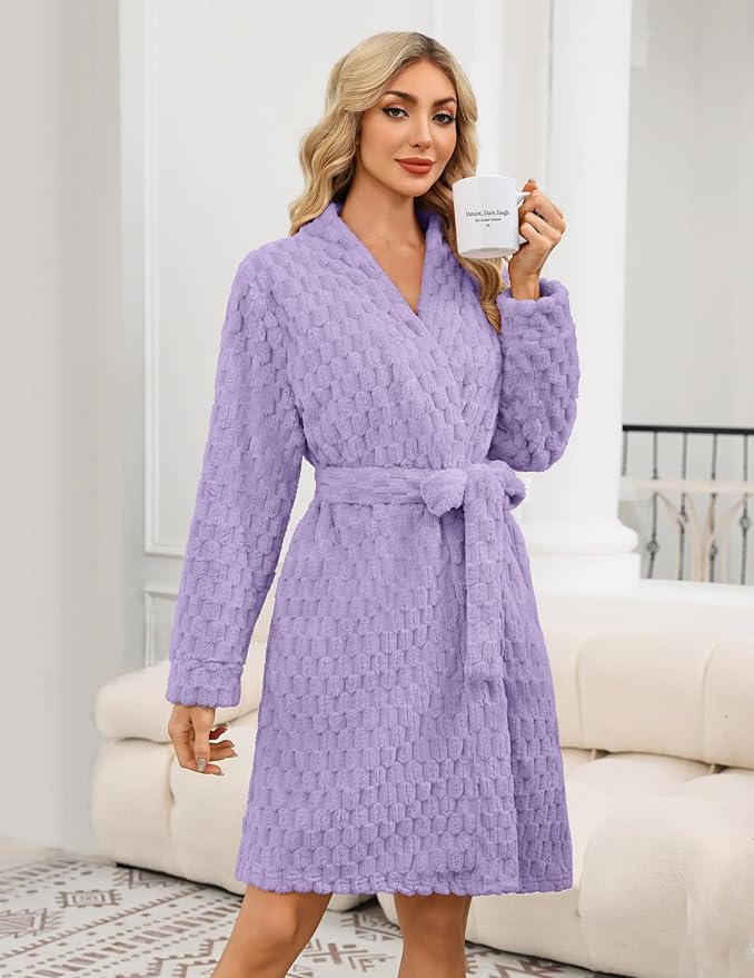 Ekouaer Women's Robes Short Plush Bathrobe Knee Length Warm Soft Jacquard Robe Winter House Coat with Pockets S-XXL
