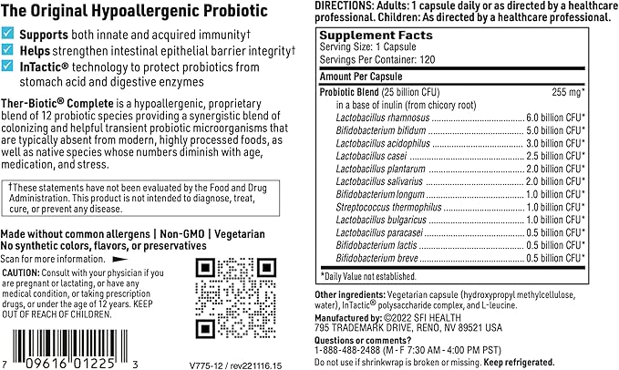 Klaire Labs SFI Health Ther-Biotic Complete - Hypoallergenic Probiotics for Women & Men - Acid-Stable Probiotic Supplement - 12 Species for Immune & Digestive Health - 25 Billion CFU (2 Pack)