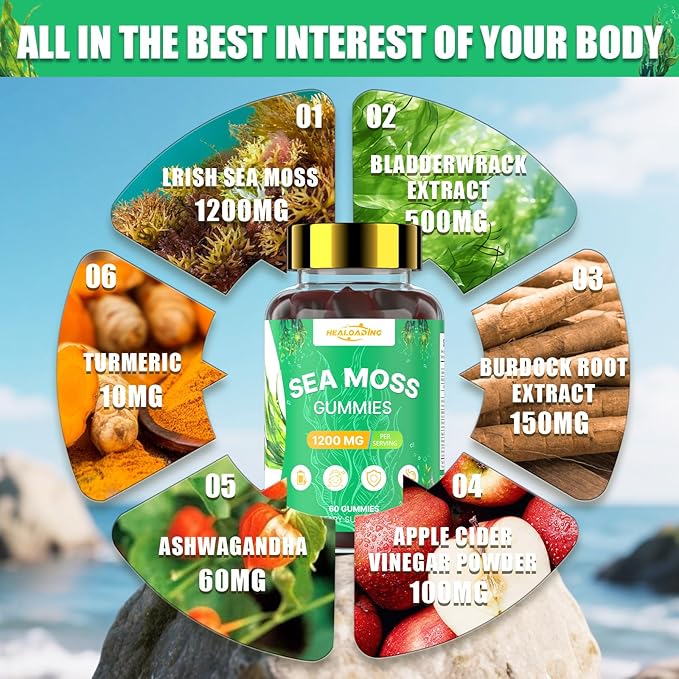 Irish Sea Moss Gummies: Seamoss Gummies Supplement with Bladderwrack Burdock Root & Ashwagandha Boosts Immune Support Gut Health Vegan Supplement for Adults & Kids 60 Gummies