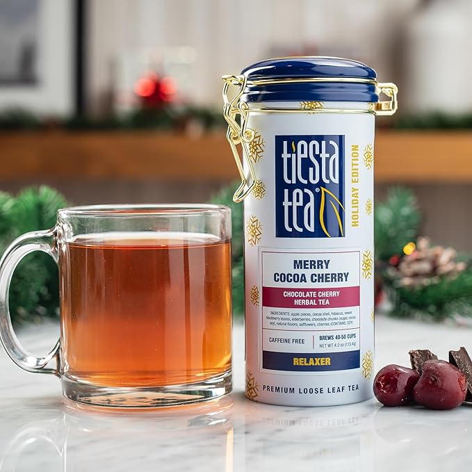Tiesta Tea - Merry Cocoa Cherry Loose Leaf Tea, Chocolate Cherry Herbal Blend, Non-Caffeinated, Brew Hot or Iced, Refillable Tin Can, Makes up to 50 Cups, 4 Ounce