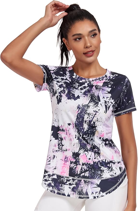 Women's Short Sleeve Workout Shirts Crewneck Sports Yoga Running Dry Fit Tops Side Split Tee