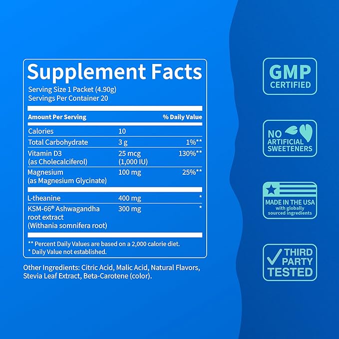 Nello Supercalm Drink Mix – Ashwagandha KSM-66, Magnesium Glycinate, L-Theanine, Vitamin D3 – Pineapple Mint Flavor (20 Travel Packets)