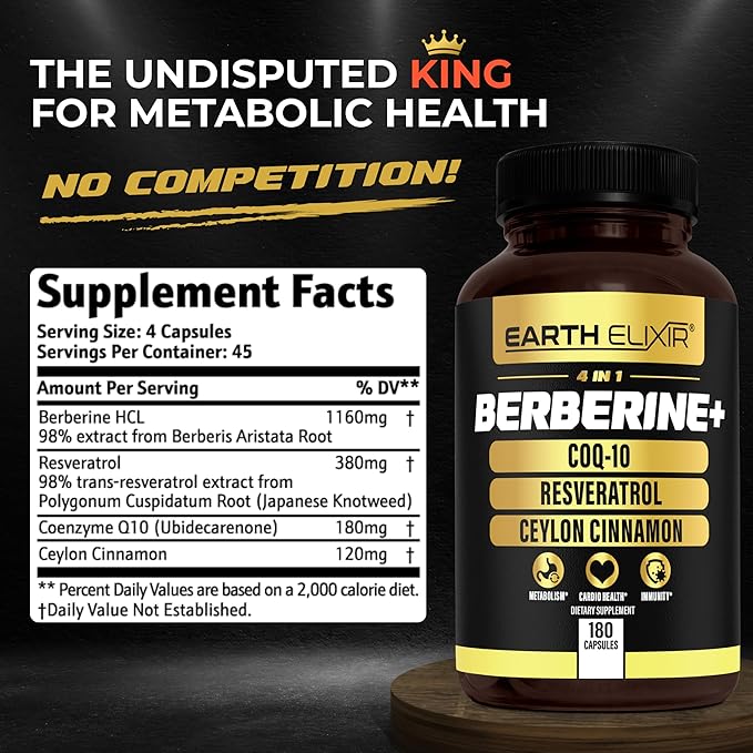 Earth Elixir 4-in-1 Berberine Supplement – Organic Berberine with Ceylon Cinnamon, CoQ10 Ubiquinol, and Resveratrol Powder – Metabolic & Cellular Energy Support, 180 Vegan Capsules