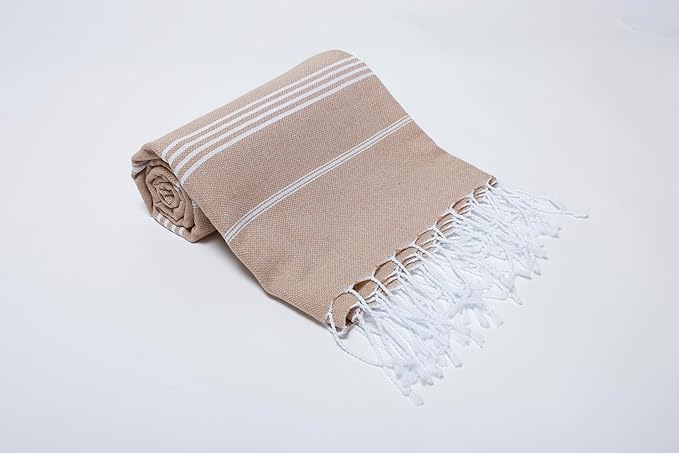 Turkish Beach Towel 100% Organic Cotton Extra Large Oversized (39 x 71 Inches) Quick Dry Sand Free Light Weight Prewashed for Bath Beach Gym Yoga Travel Towel Blanket (Camel)