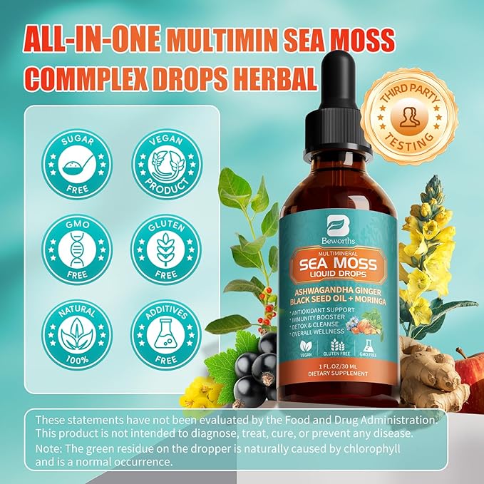 3Pack Sea Moss Drops - Irish Sea Moss Chlorophyll Liquid with Black Seed Oil, Ashwagandha, Moringa, Turmeric, Elderberry, Mullein, Seamoss Gel Supplement for Liver Cleaner, Detox & Gut, Immune Support