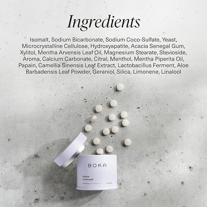 Boka Travel Size Mouthwash Tablets - Hydroxyapatite, Fluoride Free & Alcohol Free - Chewable Tablets to Freshen Breath, Kill Odor Quickly & Helps Remineralize Teeth - (Pack of 2, 90 Pcs, Mint)