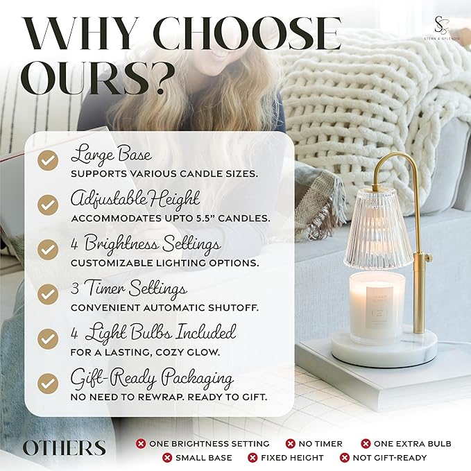 Flameless Candle Warmer Lamp for Jar Candles Large & Small – Dimmable Lamp Candle Warmer Electric with Large Marble Base & Adjustable Height – Candle Melter with Timer and 4 Halogen Light Bulbs