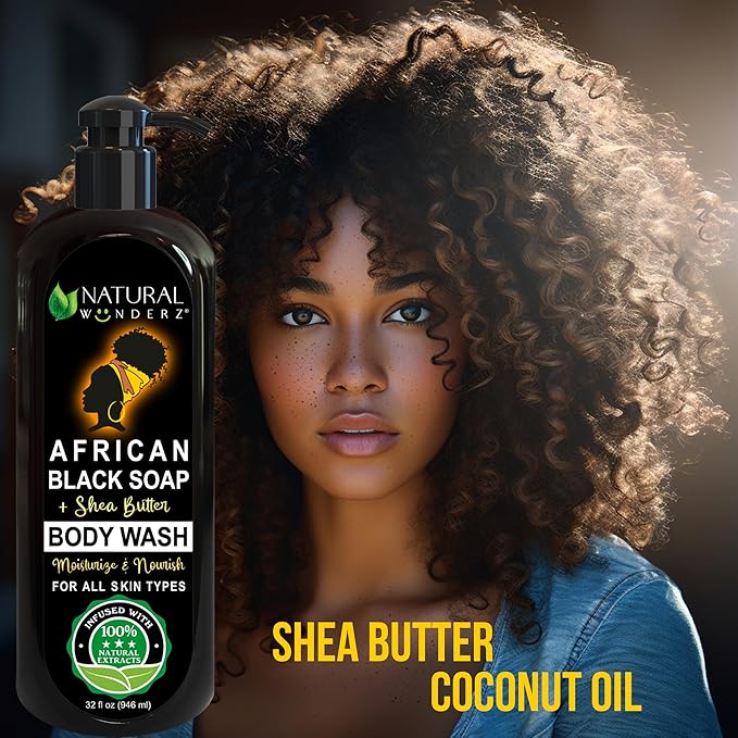 Natural Wunderz Body Wash with African Black Soap and Shea Butter, 32 Fl Oz Shower Gel, Promotes Acne Treatment, Contains All Natural Extracts, Vegan, and Sulfate-Free Body Scrub