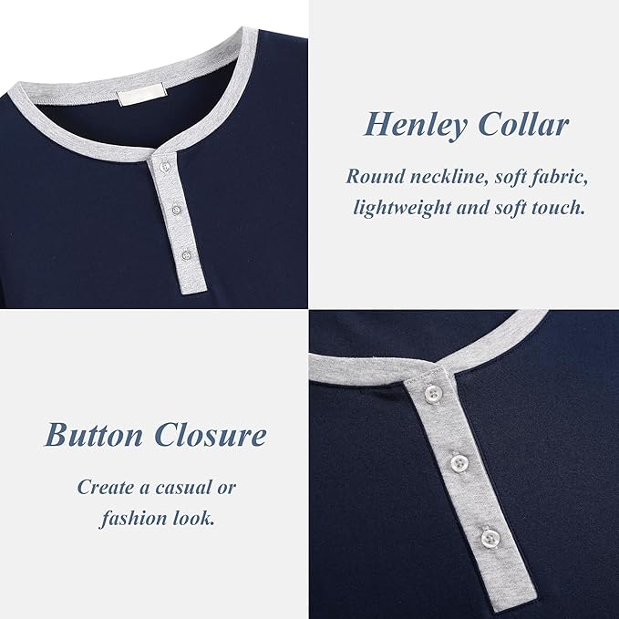 Men's Pajama Set with Henley Neckline 100% Cotton Soft and Comfortable Nightwear 2-Piece Lounge Set