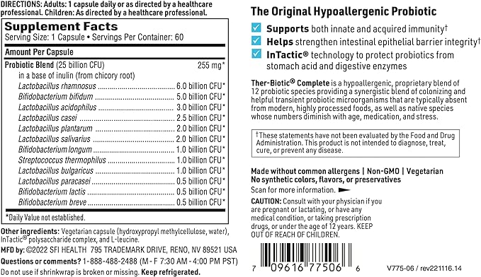Klaire Labs SFI Health Ther-Biotic Complete - Hypoallergenic Probiotics for Women & Men - Acid-Stable Probiotic Supplement - 12 Species for Immune & Digestive Health - 25 Billion CFU (60 Capsules)