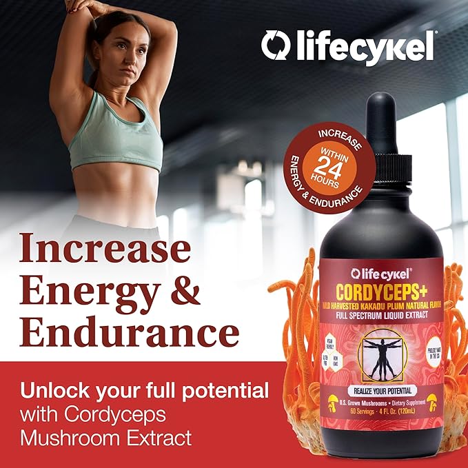 Life Cykel Cordyceps Mushroom Extract with Kakadu Plum - Energy, Stamina & Vitality Support, Natural Aging Supplement - Non-GMO and Vegan Tincture - 1Fl Oz