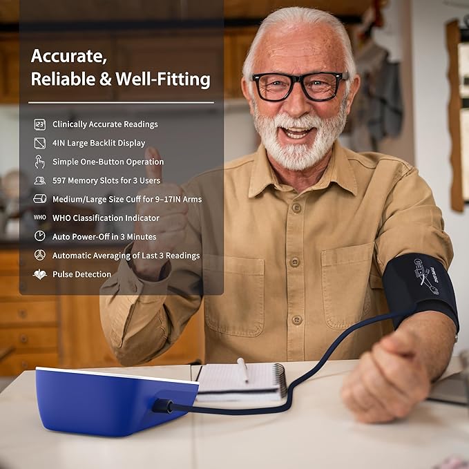 Blood Pressure Monitor Upper Arm, 9-17 Inches Medium/Large BP Cuff, Accurate Automatic Digital Electronic BP Machine for Home Use, 4" LCD Display, 3-User Mode 199 Memories Each, A01-BS