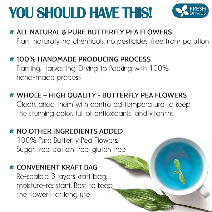 FreshDrinkUS, Premium 16oz Blue Butterfly Pea Flowers Dried β Premium Whole Flower Herbal Tea β Vibrant Blue Natural Color β Caffeine-Free Loose Flower Tea. Vegan