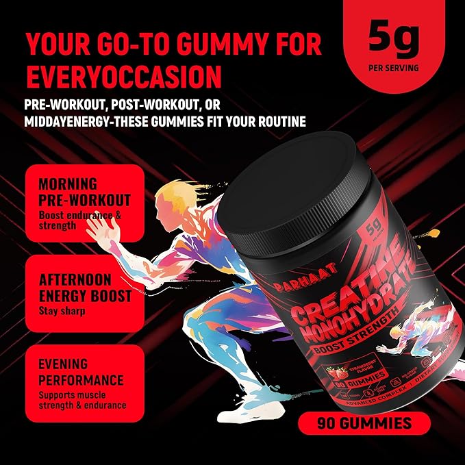 Creatine Monohydrate Gummies 5g for Men & Women - Boost Focus,Strength, and Endurance, Anti-Melting Formula, Vegan, Gluten-Free, Non-GMO, 2.5 Gram Creatine per Gummy (Strawberry 90 ct)