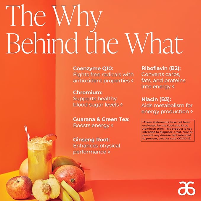 Arbonne Ginseng Energy Supplements - Peach Mango Flavor Fizz Sticks, Energy Boost with Caffeine Powder from Guarana and Green Tea, Delicious Alternative to Caffeine Pills