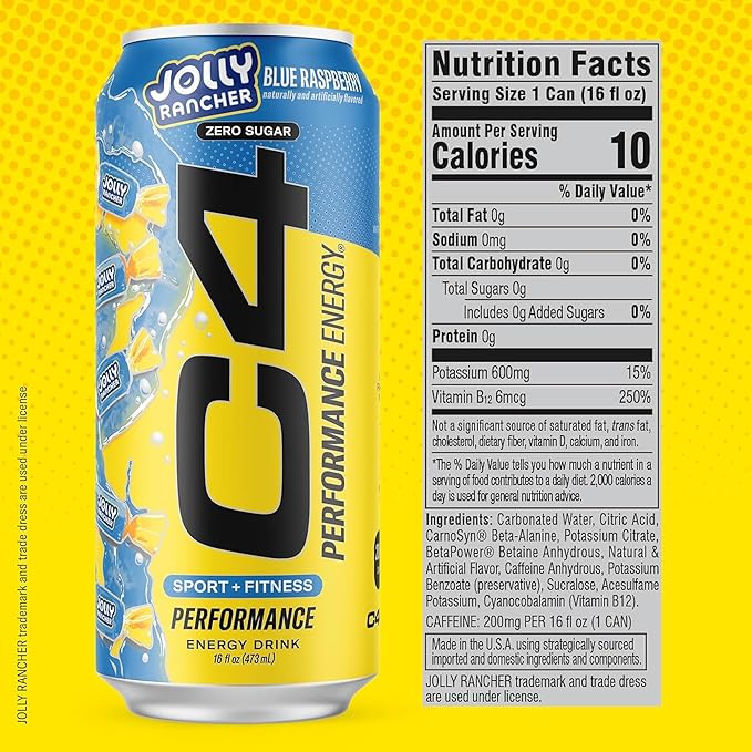 Cellucor C4 Performance Energy Drink | JOLLY RANCHER Blue Raspberry | Zero Sugar Carbonated Preworkout Energy | 200mg Caffeine with Beta Alanine | 16 Fl Oz (24 Pack)