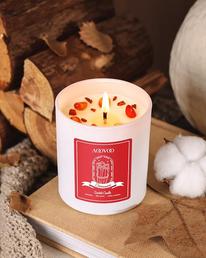 AOOVOO Cinnamon Scented Candles for Women - Aromatherapy Candle with Crystals Inside, 10oz Soy Candles for Home Scented, Birthday Gifts Candle for Women Mom