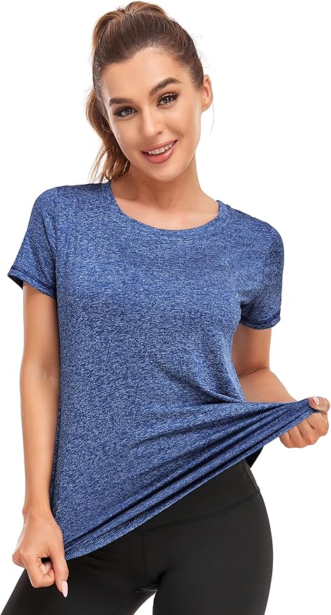 Women's Short Sleeve Workout Shirts Crewneck Sports Yoga Running Dry Fit Tops Side Split Tee