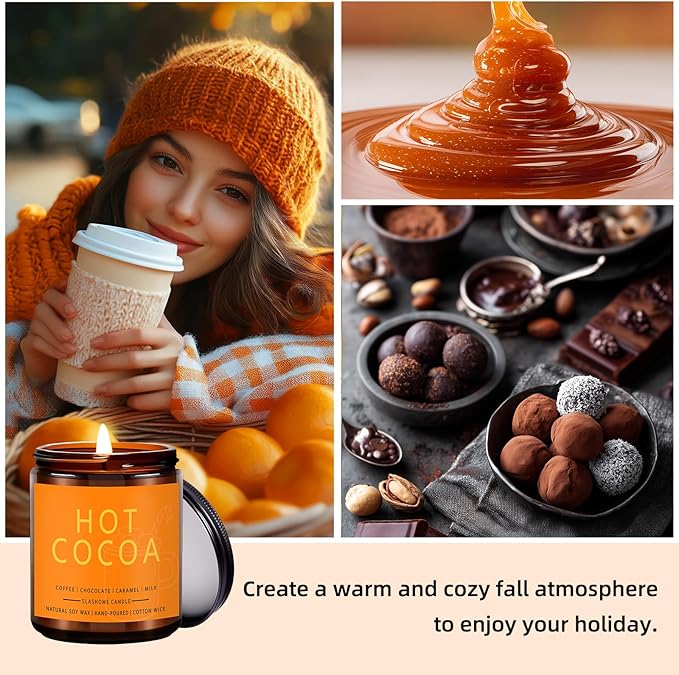 Fall Scented Candles Hot Cocoa 7oz – Rich Chocolate & Creamy Marshmallow Soy Wax Candle for Cozy Autumn Home Décor, Perfect Fall Gift for Chocolate Lovers, 50 Hour Long Burn