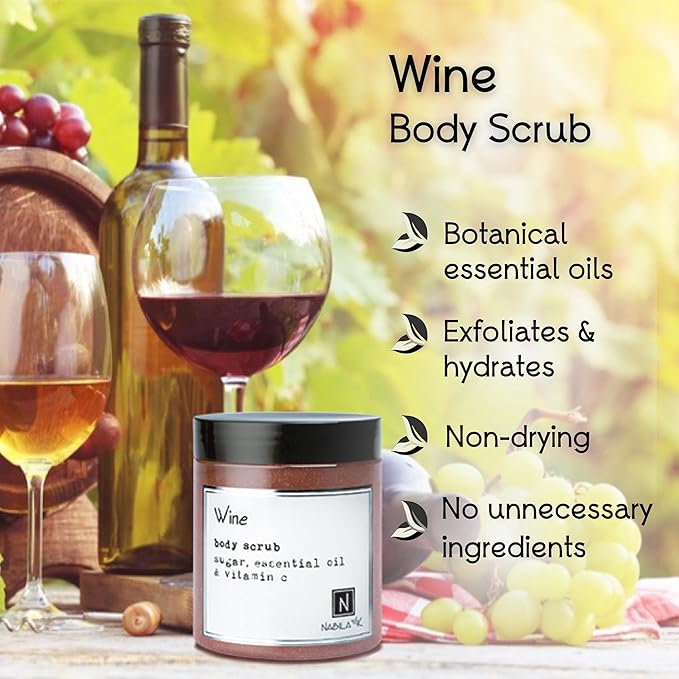 Wine Body Scrub Made in USA with Essential Oil and Vitamin C by Nabila K - Exfoliate and Moisturize for Smooth Skin - Luxury for Women & Men, 3 oz
