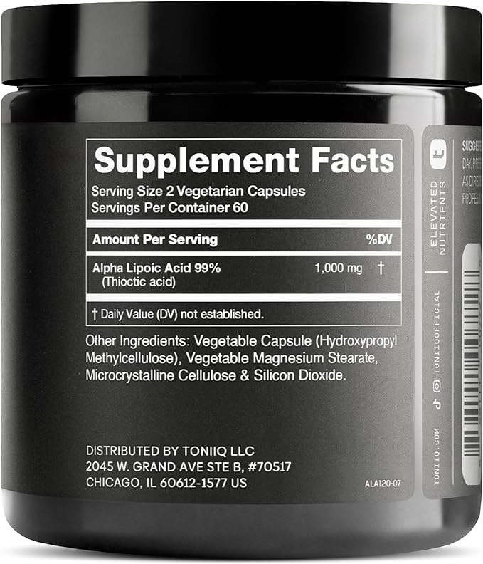 Toniiq 1000mg Ultra High Strength Alpha Lipoic Acid Capsules - Highly Purified 99%+ USP Standard - 120 Capsules ALA Supplement