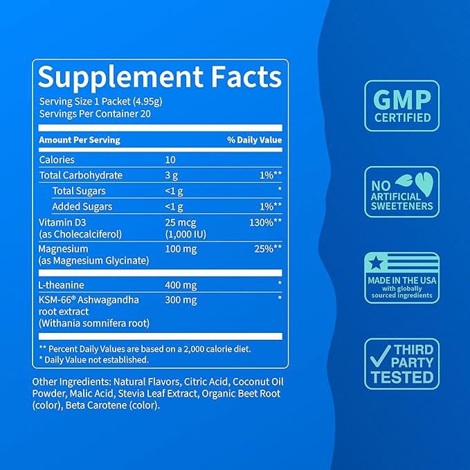 Nello Supercalm Drink Mix - Ashwagandha KSM 66, Magnesium Glycinate & L-Theanine Supplement - Ashwagandha Root Extract - Focus and Relaxation Support (20 Travel Packets) - Orange Creamsicle