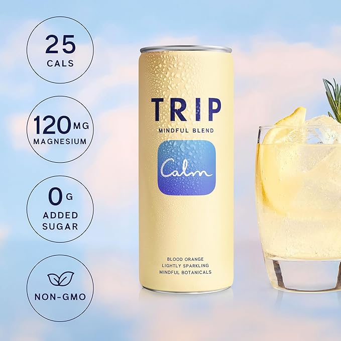 Trip Mindful Blend, Lightly Sparkling Adaptogen Seltzer, 120 MG Magnesium Citrate with Ashwagandha, Lions Mane & L Theanine, No Added Sugar, Low Calorie, Vegan, Blood Orange, 12 Oz, 12Pk