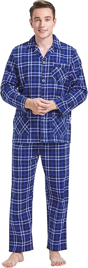 GLOBAL Men's Pajamas Sets 100% Cotton Flannel Sleepwear Long-Sleeve top & Bottom