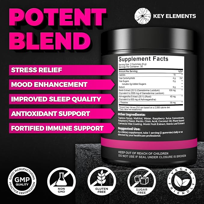 Natural Reishi Mushroom Gummies & L Theanine with Ashwagandha - Potent Mushroom Supplements for Immune Support, Stress Relief & Improve Sleep Gummies - Ashwagandha Gummies for Women & Men