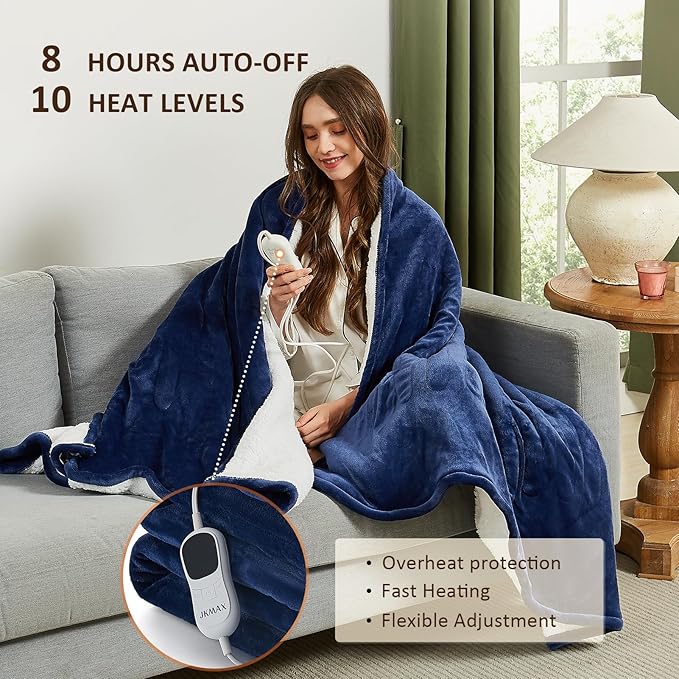 Heated Electric Blanket King Size - 100"x90" Flannel Heating Blanket with 10 Heating Levels & 5 Time Settings Over-Heat Protection, Winter Warmer for Adults with ETL Certification(Navy Blue)