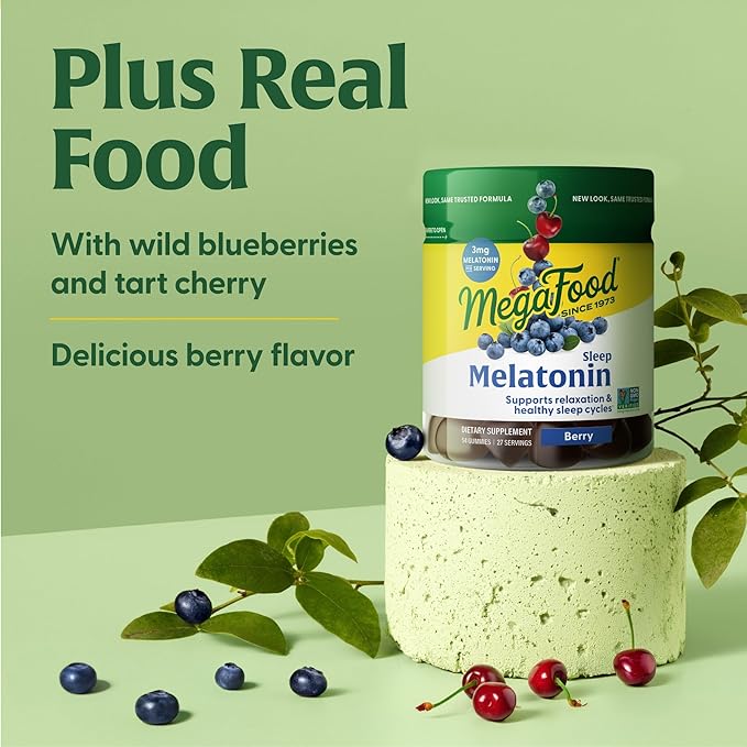 MegaFood Melatonin Gummies - Melatonin 3mg per Serving to Help Relax & Fall Asleep – Sleep Gummies for Adults - Berry Flavor, Non-GMO, Certified Vegan - 54 Count (27 Servings)