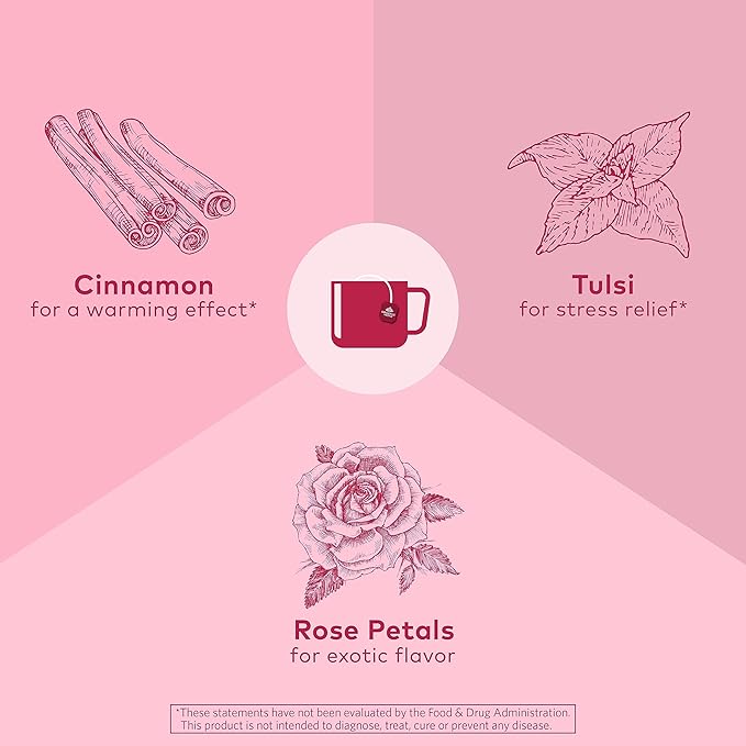 ORGANIC INDIA Tulsi Cinnamon Rose Tea Bags - Tulsi Rose Tea Bags, Cinnamon Tea Bags with Holy Basil, Chamomile, Stevia, USDA Certified Organic Caffeine Free Herbal Tea - 18 Infusion Bags, 6 Pack