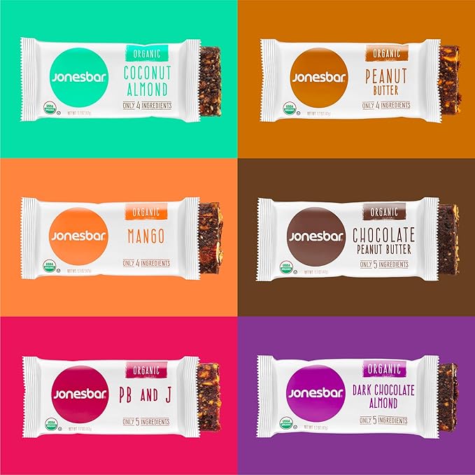JONESBAR (Variety Pack, 12 Count (Pack of 1)), USDA Organic Fruit & Nut Bar, Non-GMO, Kosher, Vegan, Gluten Free, Simple Snack Bar