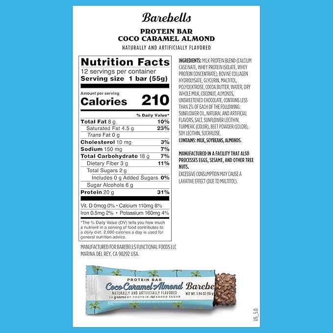 Barebells Protein Bars Coconut Caramel Almond - 12 Count, 20g High Protein Treats - Chocolate Nutrition Bar with 1g Total Sugars - On-The-Go Breakfast or Post-Workout Snack