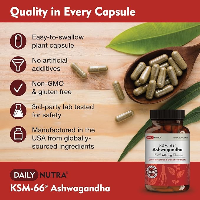 DailyNutra KSM-66 Ashwagandha 600mg Organic Root Extract - High Potency Supplement with 5% Withanolides | Supports Relaxation, Focus, & Energy (270 Capsules)
