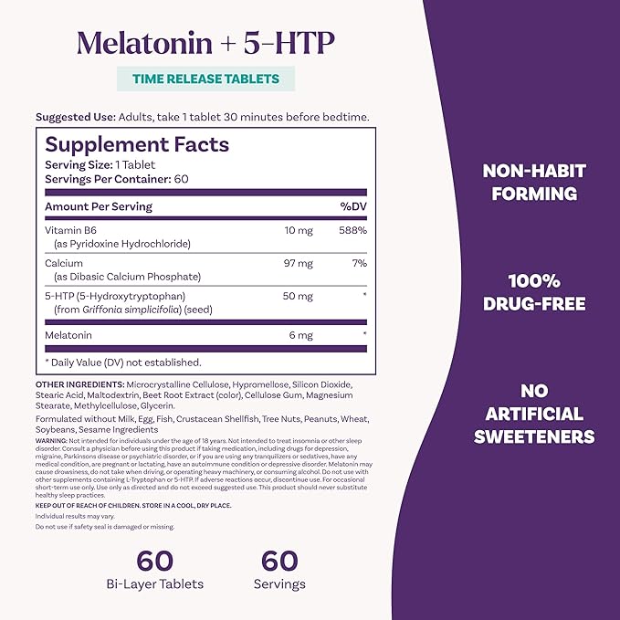 Natrol Melatonin + 5-HTP Advanced Time Release Sleep Aid, Triple Action Formula, Calm The Mind, Fall Asleep Faster and Stay Asleep Longer, 60 Bi-Layer Tablets, Up to a 60 Day Supply