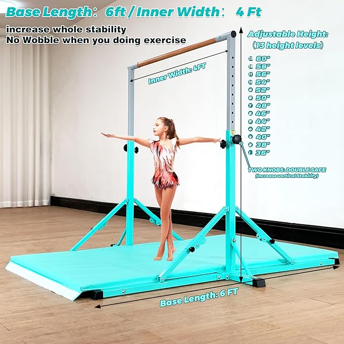 Gymnastic Bar for Kid and Teenage Ages 3-25, 5 FT / 6 FT Base Length, 5 FT / 6 FT Height, Gymnastic Kip Bar Horizontal Bar for Gymnast, Gymnastic Training Equipment for Home and Club Use