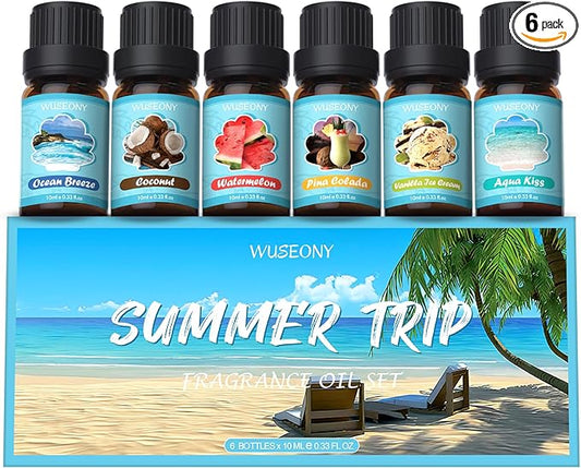 Summer Fragrance Oils Set, Premium Essential Oils for Diffuser, Natural Aromatherapy Oils for Soap Candle Making - Ocean Breeze, Coconut, Pina Colada, Watermelon, Vanilla Ice Cream, Aqua Kiss
