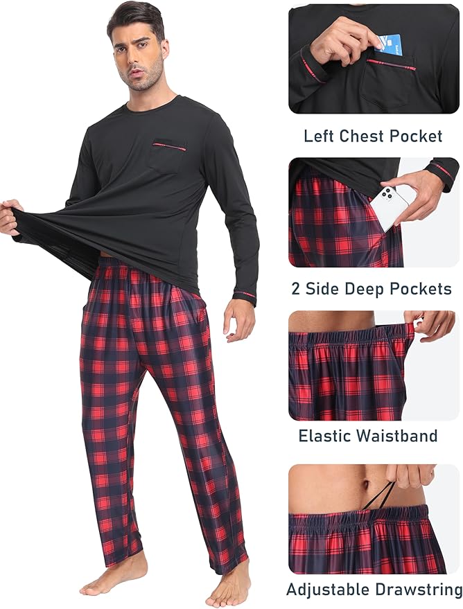 MoFiz Men's Pajamas Plaid Sets Sleepwear Sleep Long Sleeve Shirts and Pants Pajama Set Soft Mens Pjs Lounge Set with Pockets