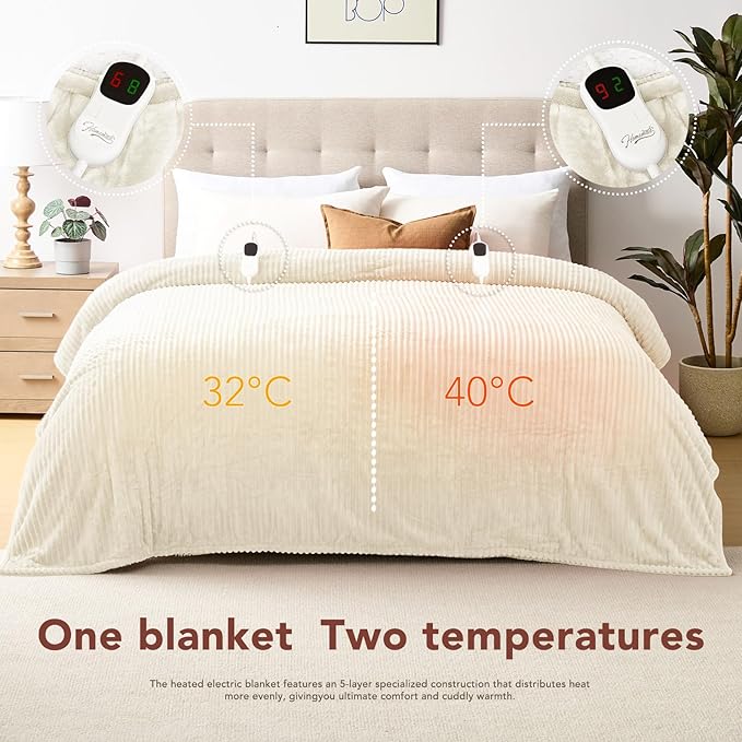 Homemate Electric Heated Blanket Queen Size - 84"x90" Heating Blanket Queen Size Dual Control 1/2/4/6/8 Hours Auto-Off 10 Heat Level Over-Heat Protection Soft Flannel Sherpa ETL Certification