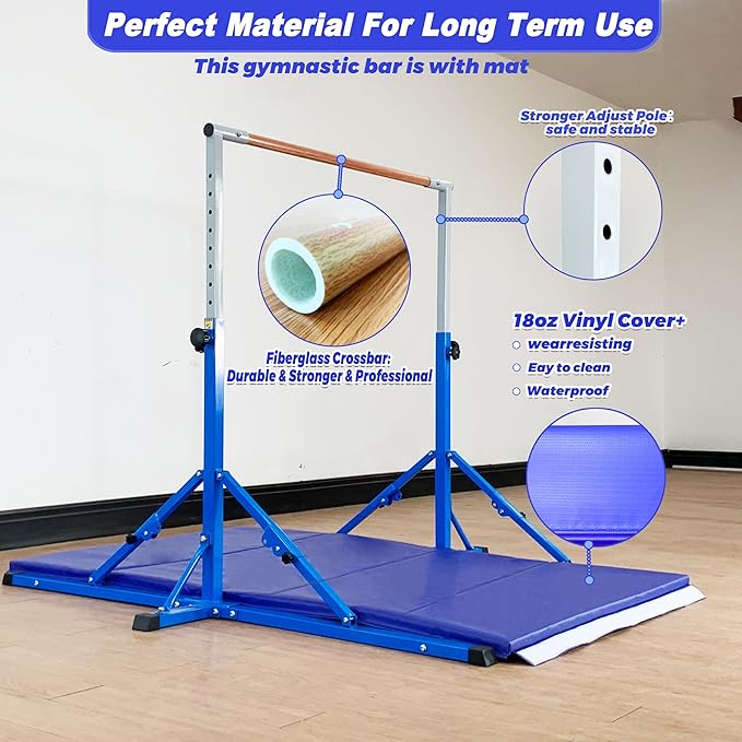Gymnastic Bar for Kid and Teenage Ages 3-25, 5 FT / 6 FT Base Length, 5 FT / 6 FT Height, Gymnastic Kip Bar Horizontal Bar for Gymnast, Gymnastic Training Equipment for Home and Club Use