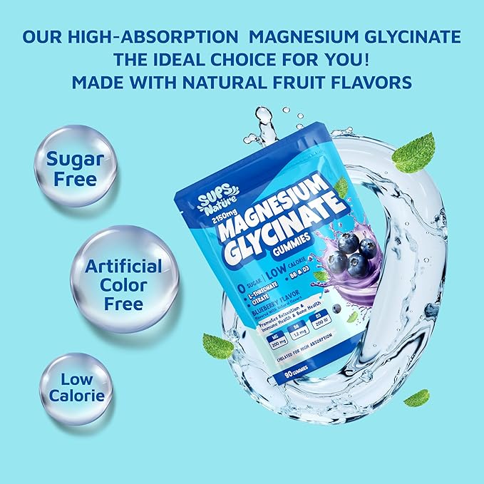 Magnesium Glycinate Gummies 2150 mg with Magnesium L-Threonate for Adults, Melatonin Free, High Absorption, Blueberry Flavor, 90 Count