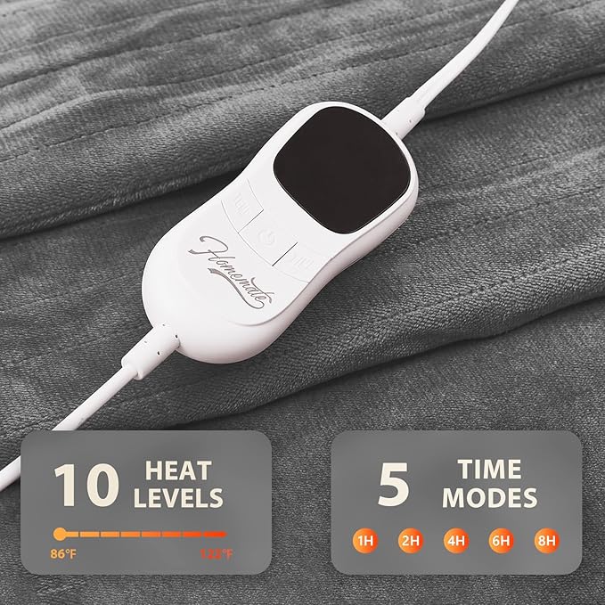 Homemate Electric Heated Blanket Queen Size - 84"x90" Heating Blanket Queen Size Dual Control 1/2/4/6/8 Hours Auto-Off 10 Heat Level Over-Heat Protection Flannel Sherpa ETL Certification