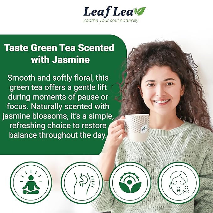 LeafLea 80 Jasmine Green Tea Bags, Green Tea with Natural Jasmine Aroma, Light Focus & Daily Balance, Delicate Floral and Smooth Taste, Caffeinated, Sugar-Free, Non-GMO, Vegan, Individually Wrapped