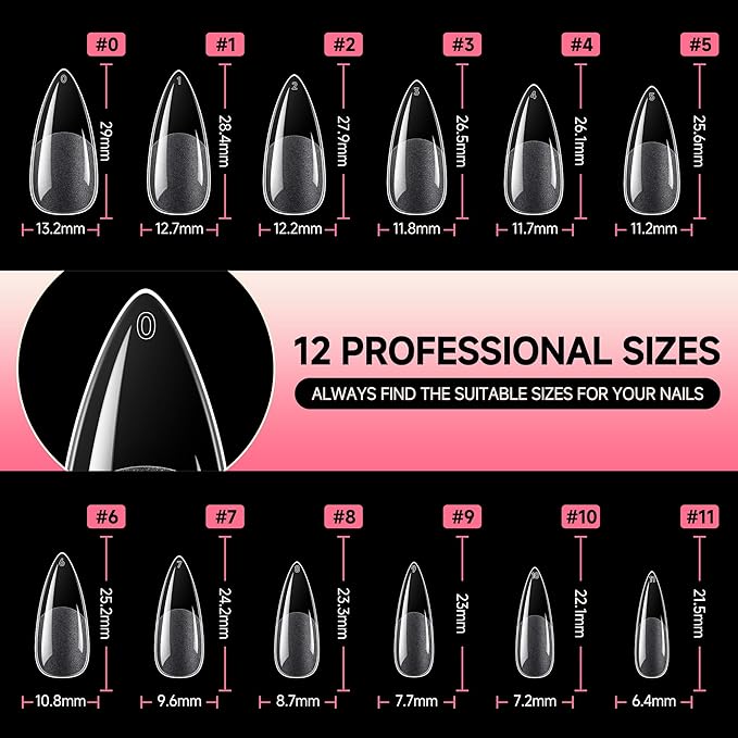 UNA GELLA Stiletto Gel Nails Press On Halloween 504Pcs Medium Almond Stiletto Clear Gel Nail Tips Full Cover Pre-matte Fake False Acrylic Nails for Nail Extensions Home Art Salon 12 Sizes