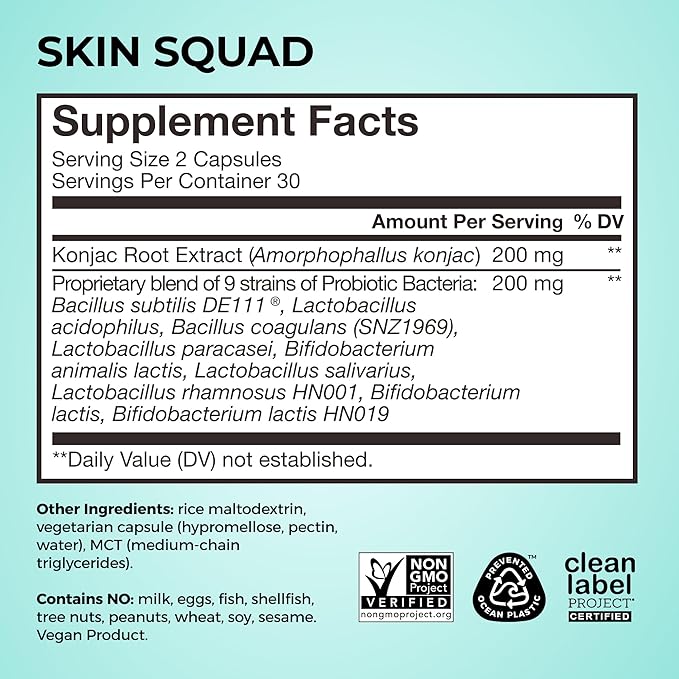HUM Skin Squad Probiotics for Women and Men, Skin Care Supplement for Clear Complexion & Gut Health Support, Microbiome Prebiotic & Probiotic Supplement for Breakouts, Digestive Health, 60 Capsules