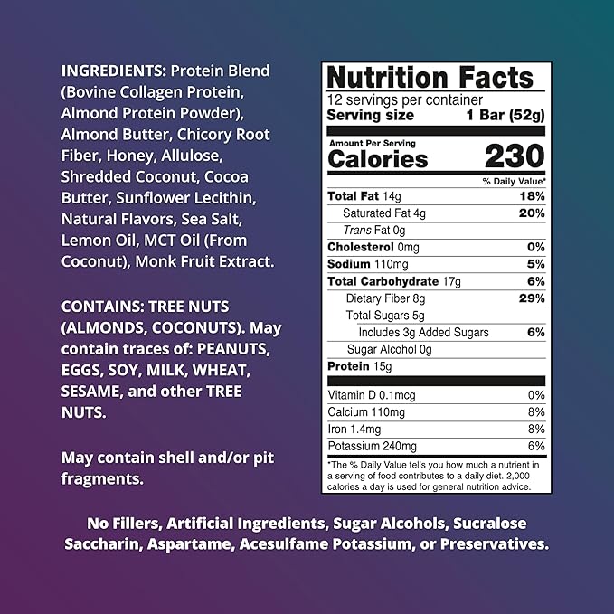Collagen Protein Bars (Box of 12),15G protein, Gluten Free, Dairy Free, MCT oil, No Sugar or Artificial Ingredients Added, No Sugar Alcohols, Low Net Carb, High Fiber Healthy Snack Bar. (Lemon Coconut)