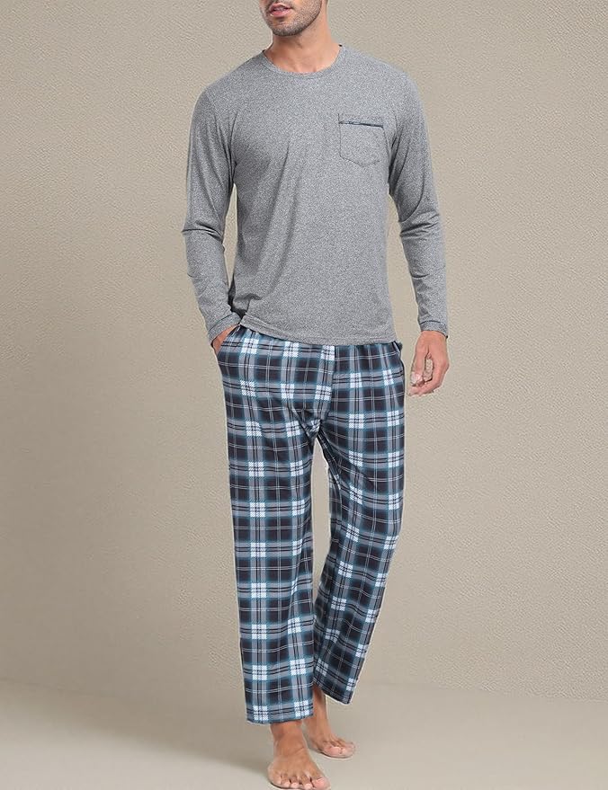 MoFiz Men's Pajamas Plaid Sets Sleepwear Sleep Long Sleeve Shirts and Pants Pajama Set Soft Mens Pjs Lounge Set with Pockets