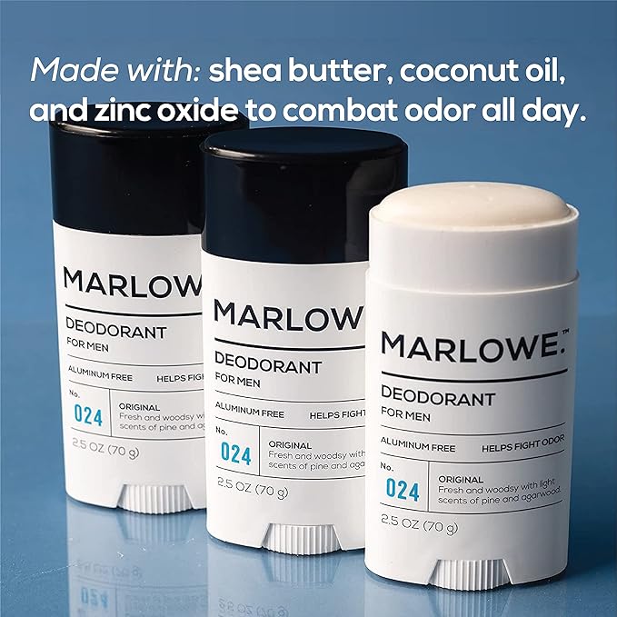 MARLOWE. No. 024 Mens Deodorant 2.5 oz, Natural Deodorant for Men, Aluminum Free Stick, Made with Coconut Oil, Shea Butter & Jojoba, Only No-Nonsense Ingredients, Fresh & Woodsy Scent